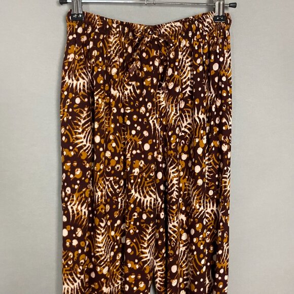 Batik Lounge Pants Brown Abstract Pattern Stretch Waist Ankles Boho Hippie - Picture 3 of 12